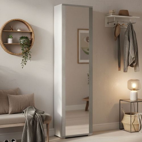 Scarpiera alta bianca e cemento 50x182h cm con specchio - Asiago