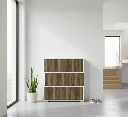 Scarpiera Baten, Porta scarpe salvaspazio , Armadio da ingresso multiuso, Mobile per calzature, 90x30h93 cm, Bianco e Noce