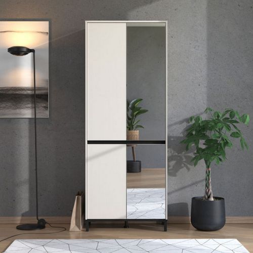 Scarpiera Beige Rovere Nodi Nero 9 Ripiani con Specchio 80x40x205.5h cm, 4 Ante - Scansano