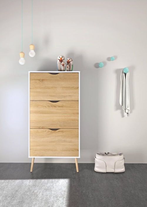 Scarpiera Belle, Mobile portascarpe, Armadio da ingresso multiuso, Mobiletto per calzature, 70x24 h139 cm, Bianco e Quercia