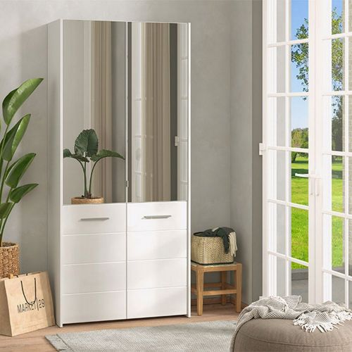 Scarpiera Bianco 8 Ripiani 4 Ante 89.5x37.5x199h cm, con Specchio - Trabia