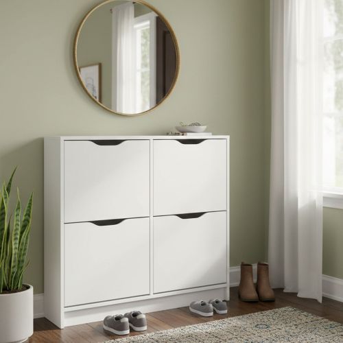 Scarpiera Bianco 8 Vani 2 Ante 100x25x90h cm, Chiusura a Ribalta - Gagliole