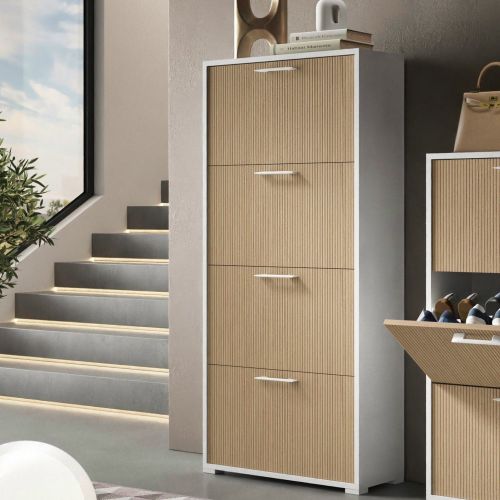 Scarpiera Bianco Beige un Ripiano 24 Paia 67x28x147h cm, 4 Vani - Pienza
