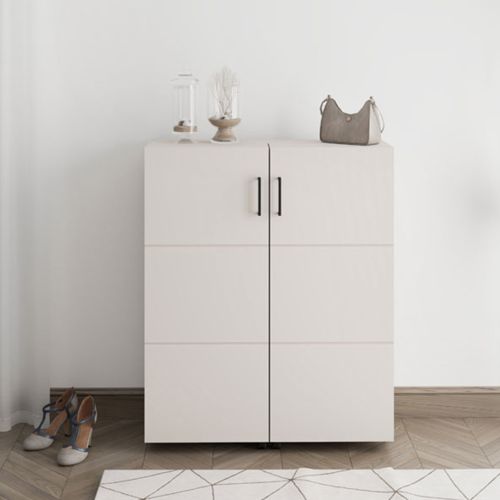 Scarpiera Bianco Crema 9 Ripiani 2 Ante 92x33x113h cm, Ante con Doppia Capienza, Apertura con Ruote - Ystad