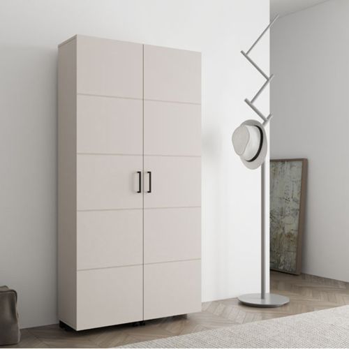 Scarpiera Bianco Crema Nero 15 Ripiani 2 Ante 92x33x185h cm, Ante con Doppia Capienza, Apertura con Ruote - Bled