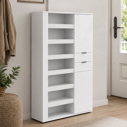 Scarpiera Bianco Lucido 2 Cassetti 8 Ripiani 120x35x178h cm, 28 Paia - Rotondo