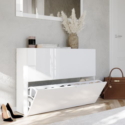 Scarpiera Bianco Lucido 20 Paia 2 Ante 110x25x75h cm, Anta a Ribalta - Lovero