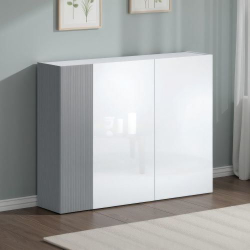 Scarpiera Bianco Lucido Grigio 10 Ripiani 28 Paia 145x34x115h cm, 12 Vani - Caresana