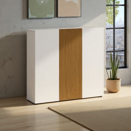 Scarpiera Bianco Lucido Marrone Rovere 10 Ripiani 24 Paia 120x34x115h cm, 3 Ante - Palasio