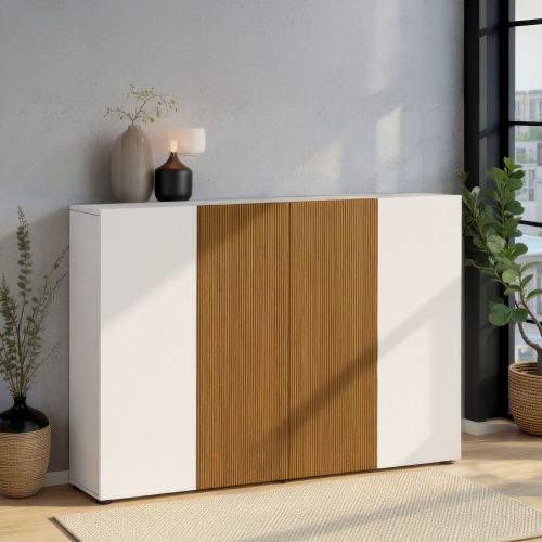 Scarpiera Bianco Lucido Marrone Rovere 10 Ripiani 40 Paia 160x34x115h cm, 4 Ante - Palasio