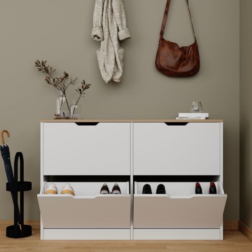 Scarpiera Bianco Marrone Rovere 4 Ripiani 12 Paia 121x30x79h cm, 4 Ante - Invorio