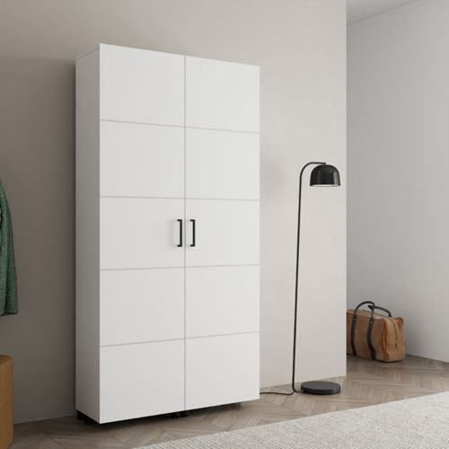 Scarpiera Bianco Opaco 15 Ripiani 2 Ante 92x33x185h cm, Ante con Doppia Capienza, Apertura con Ruote - Bled