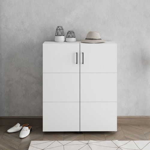 Scarpiera Bianco Opaco Nero 9 Ripiani 2 Ante 92x33x113h cm, Ante con Doppia Capienza, Apertura con Ruote - Ystad