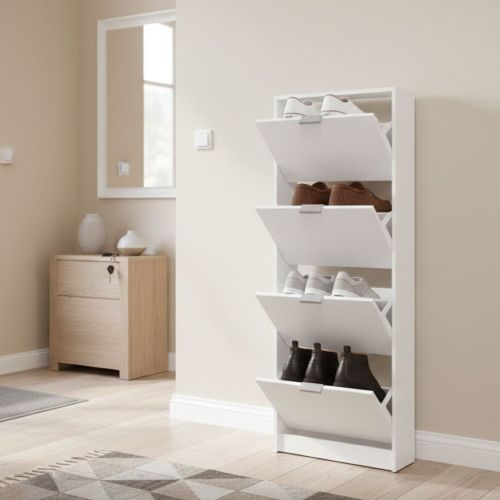 Scarpiera Bianco un Ripiano 4 Ante 58x18x155.5h cm, kit Fissaggio a Muro Incluso - Pesche