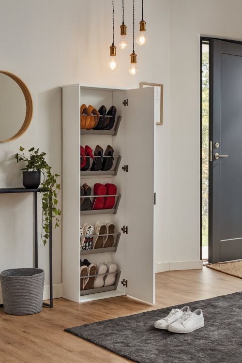 Scarpiera Ciclamino, Mobile multiuso da ingresso con anta a specchio , Armadio moderno portascarpe a 5 ripiani, 100% Made in Italy, 50x18h178 cm, Bianco