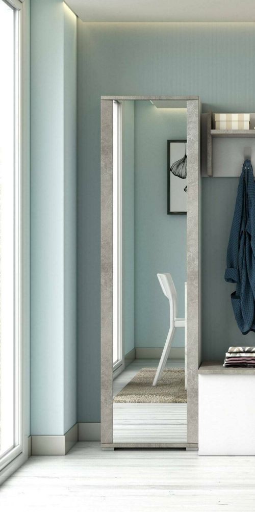 Scarpiera Datura, Mobile multiuso da ingresso con anta a specchio , Armadio moderno portascarpe a 7 ripiani, 100% Made in Italy, 50x32hx182 cm, Bianco e Cemento