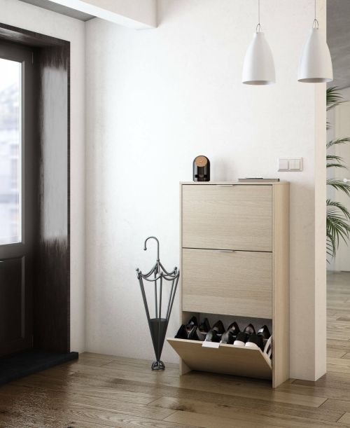 Scarpiera Escondido, Armadio portascarpe a 3 ante a ribalta-, Mobile doppia capienza per max 18 paia di scarpe, 70x17h180 cm, Rovere