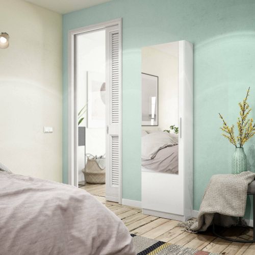 Scarpiera Eugene, Armadio portascarpe alta a 1 anta, Mobile portascarpe moderno, Armadio da ingresso con specchio, 50x22h180 cm, Bianco