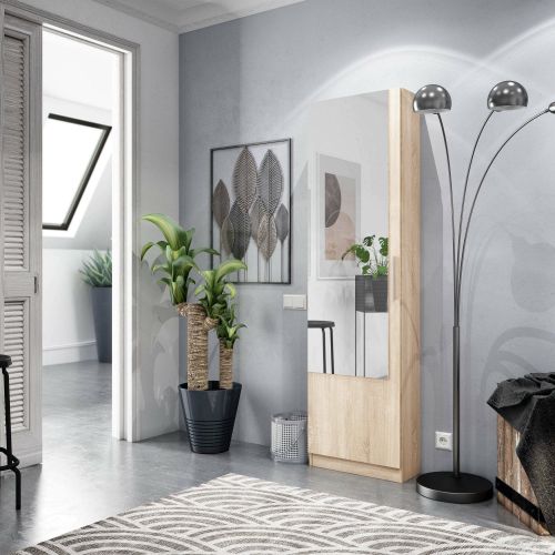 Scarpiera Eugene, Armadio portascarpe alta a 1 anta, Mobile portascarpe moderno, Armadio da ingresso con specchio, 50x22h180 cm, Rovere