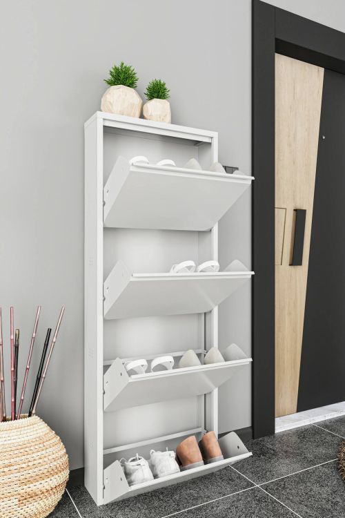 Scarpiera Gonzalo, Mobile portascarpe in metallo, Armadio da ingresso multiuso, Mobiletto per calzature, 50x15h138 cm, Bianco