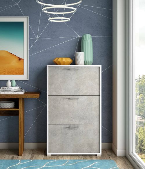 Scarpiera Iris, Mobile multiuso da ingresso con 3 ante a ribalta-, Armadietto portascarpe moderno, 100% Made in Italy, 67x18h112 cm, Bianco e Cemento