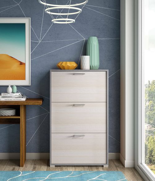 Scarpiera Iris, Mobile multiuso da ingresso con 3 ante a ribalta-, Armadietto portascarpe moderno, 100% Made in Italy, 67x18h112 cm, Larice
