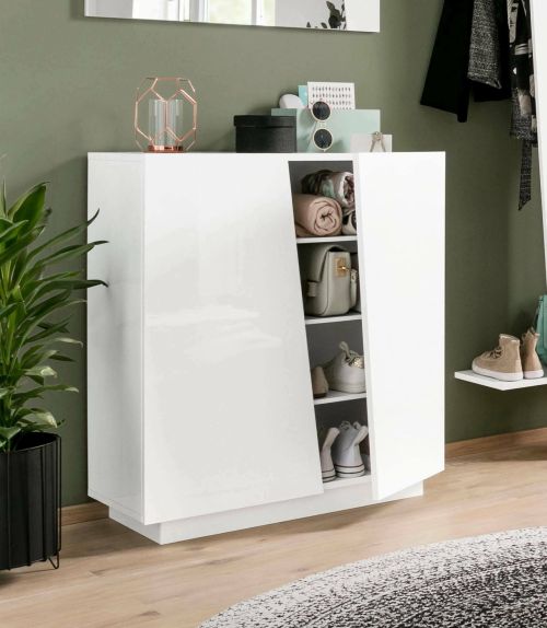 Scarpiera Joel, Mobile multiuso a 2 ante, Portascarpe da ingresso, 100% Made in Italy, cm 80x38h86, Bianco lucido