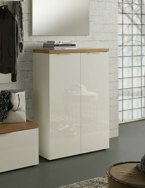 Scarpiera Kinsasha, Mobile portascarpe, Armadio da ingresso multiuso, Mobiletto per calzature, Made in Italy, 80x34h115 cm, Bianco lucido e Rovere