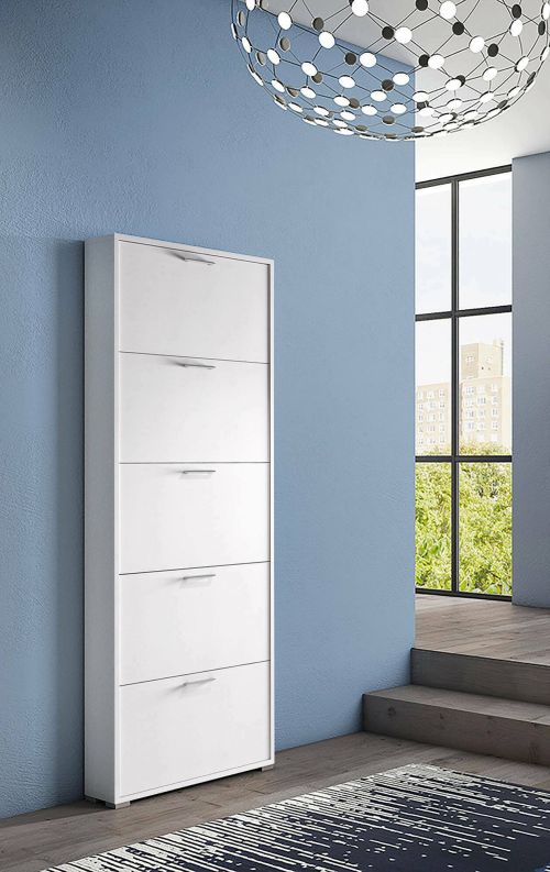 Scarpiera Margherita, Mobile multiuso da ingresso con 5 ante a ribalta-, Armadietto portascarpe moderno, 100% Made in Italy, 67x18h184 cm, Bianco