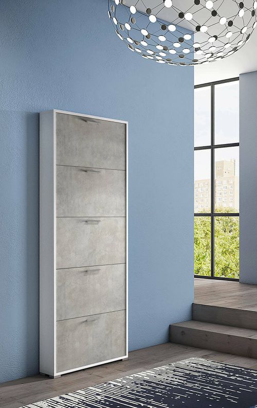 Scarpiera Margherita, Mobile multiuso da ingresso con 5 ante a ribalta-, Armadietto portascarpe moderno, 100% Made in Italy, 67x18h184 cm, Cemento e Bianco
