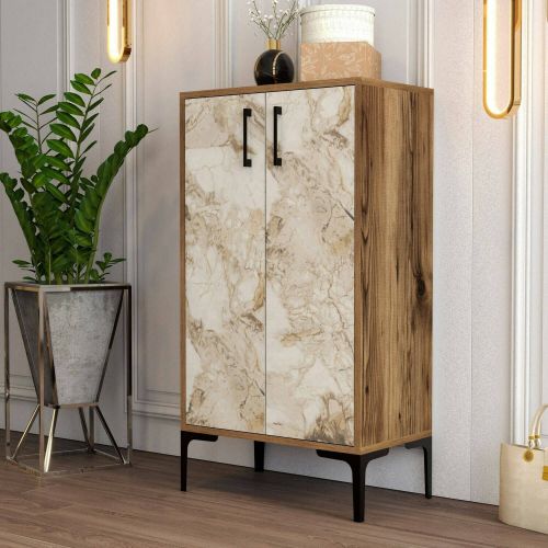 Scarpiera Marrone Noce Bianco Marmo 8 Paia 3 Ripiani 60x35x111h cm, 2 Ante - Axarix