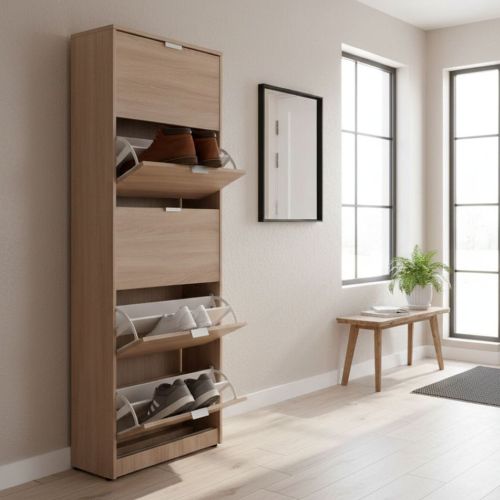 Scarpiera Marrone Quercia 10 Ripiani 5 Ante 67x28x191.5h cm, Maniglie Incluse - Sueglio