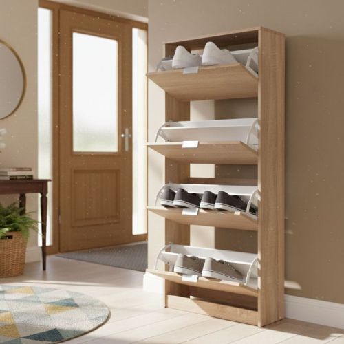 Scarpiera Marrone Rovere 8 Ripiani 4 Ante 67x28x155.5h cm, Maniglie Incluse - Santina
