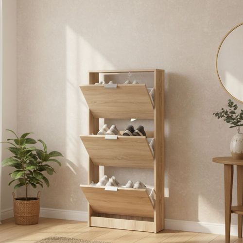 Scarpiera Marrone Rovere Chiaro 3 Ripiani 3 Ante 58x18x119h cm, Maniglie Incluse - Melle