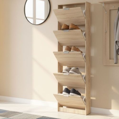 Scarpiera Marrone Rovere Chiaro un Ripiano 5 Ante 58x18x191.5h cm, kit Fissaggio a Muro Incluso - Capriolo