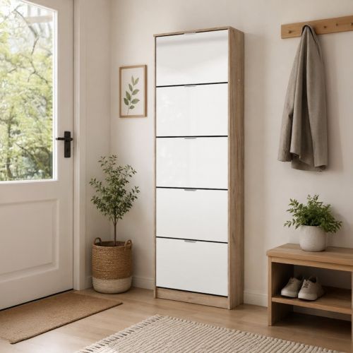 Scarpiera Marrone Rovere Grigio 10 Ripiani 10 Vani 67x28x191.5h cm, 5 Ante - Dentro