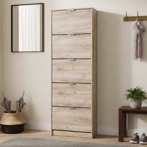 Scarpiera Marrone Rovere Grigio 10 Ripiani 5 Ante 67x28x191.5h cm, Maniglie Incluse - Sueglio