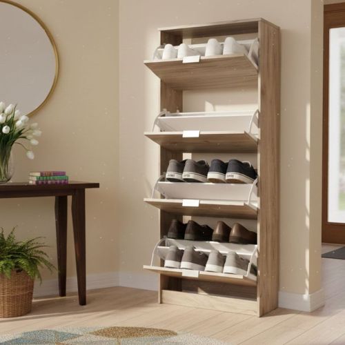 Scarpiera Marrone Rovere Grigio 8 Ripiani 4 Ante 67x28x155.5h cm, Maniglie Incluse - Santina