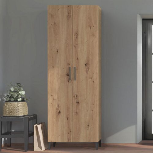 Scarpiera Marrone Rovere Nero 5 Ripiani 2 Ante 67.5x35x195h cm, kit Fissaggio a Muro Incluso - Ciminna