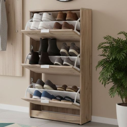 Scarpiera Marrone Rovere Nodi 6 Ripiani 3 Ante 67x28x119h cm, Maniglie Incluse - Marradi