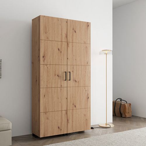 Scarpiera Marrone Rovere Nodi Nero 15 Ripiani 2 Ante 92x33x185h cm, Ante con Doppia Capienza, Apertura con Ruote - Bled