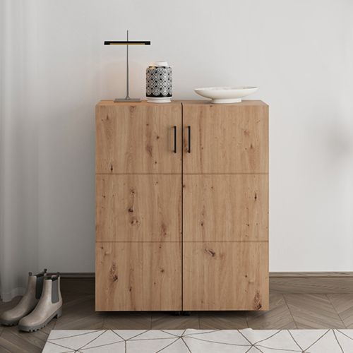 Scarpiera Marrone Rovere Nodi Nero 6 Ripiani 2 Ante 92x33x113h cm, Ante con Doppia Capienza, Apertura con Ruote - Ystad