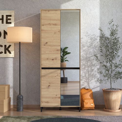 Scarpiera Marrone Rovere Nodi Nero 9 Ripiani con Specchio 80x40x205.5h cm, 4 Ante - Scansano