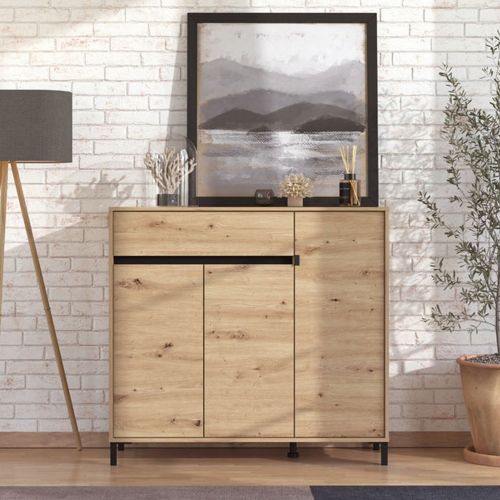 Scarpiera Marrone Rovere Nodi Nero un Cassetto 6 Ripiani 118.5x40x109.5h cm, 3 Ante - Orotelli