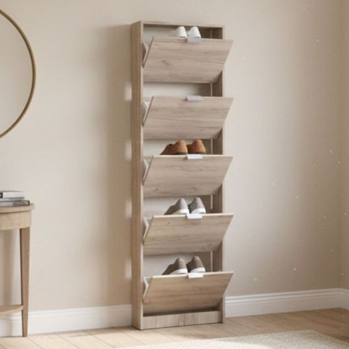 Scarpiera Marrone Rovere Scuro un Ripiano 5 Ante 58x18x191.5h cm, kit Fissaggio a Muro Incluso - Capriolo
