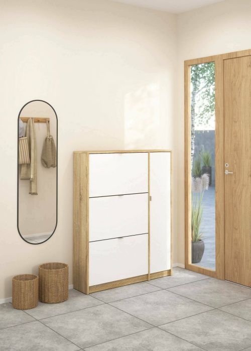 Scarpiera Marthe, Mobile portascarpe, Armadio da ingresso multiuso, Mobiletto per calzature, 99x24 h124 cm, Quercia e Bianco