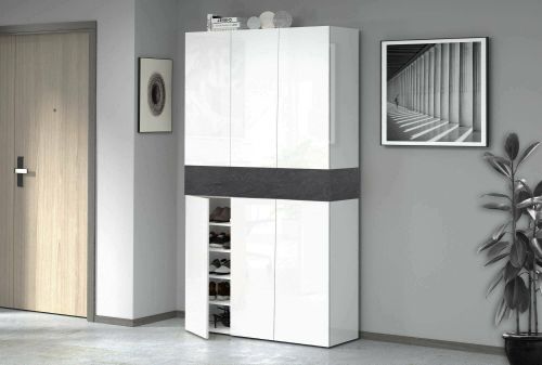 Scarpiera Marzio, Porta scarpe salvaspazio a 7 ante, Armadio multifunzione da ingresso, 114x35h200 cm, Bianco e Ardesia