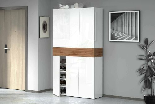 Scarpiera Marzio, Porta scarpe salvaspazio a 7 ante, Armadio multifunzione da ingresso, 114x35h200 cm, Bianco e Rovere