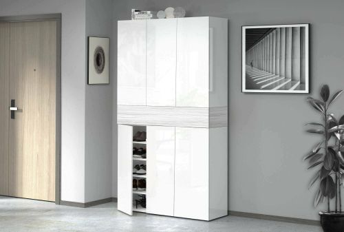 Scarpiera Marzio, Porta scarpe salvaspazio a 7 ante, Armadio multifunzione da ingresso, 114x35h200 cm, Bianco effetto larice