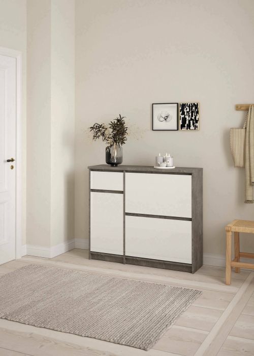 Scarpiera Maxime, Mobile portascarpe, Armadio da ingresso multiuso, Mobiletto per calzature, 32x109 h93 cm, Cemento e Bianco